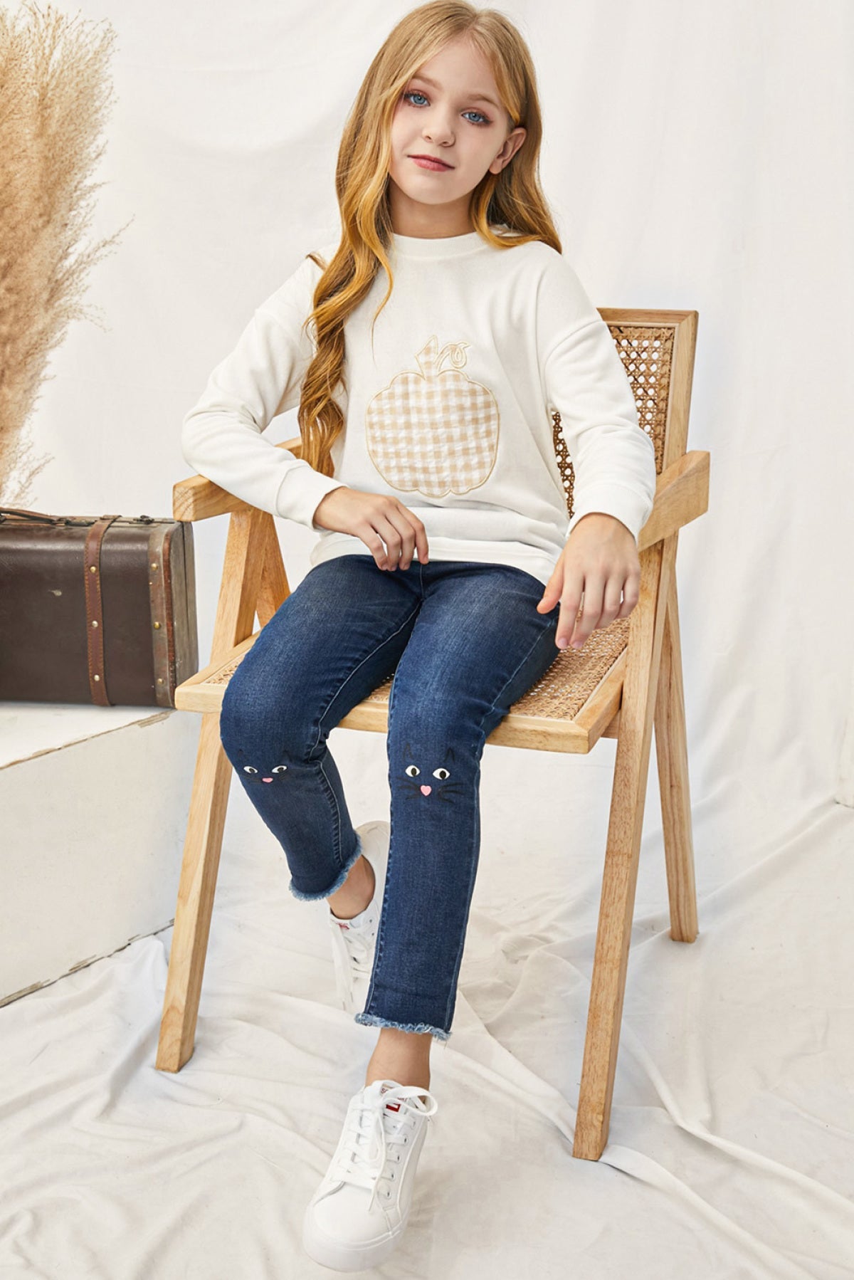 White Plaid Pumpkin Print Girls Pullover Sweatshirt