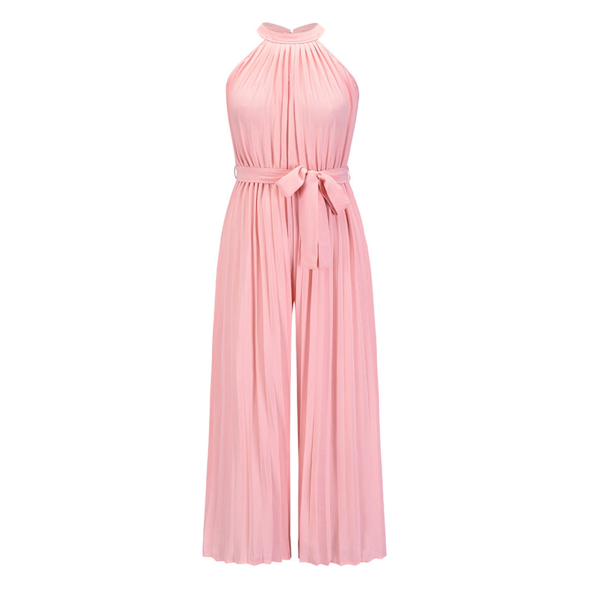 Solid Sleeveless Pleated Jumpsuit with Belt